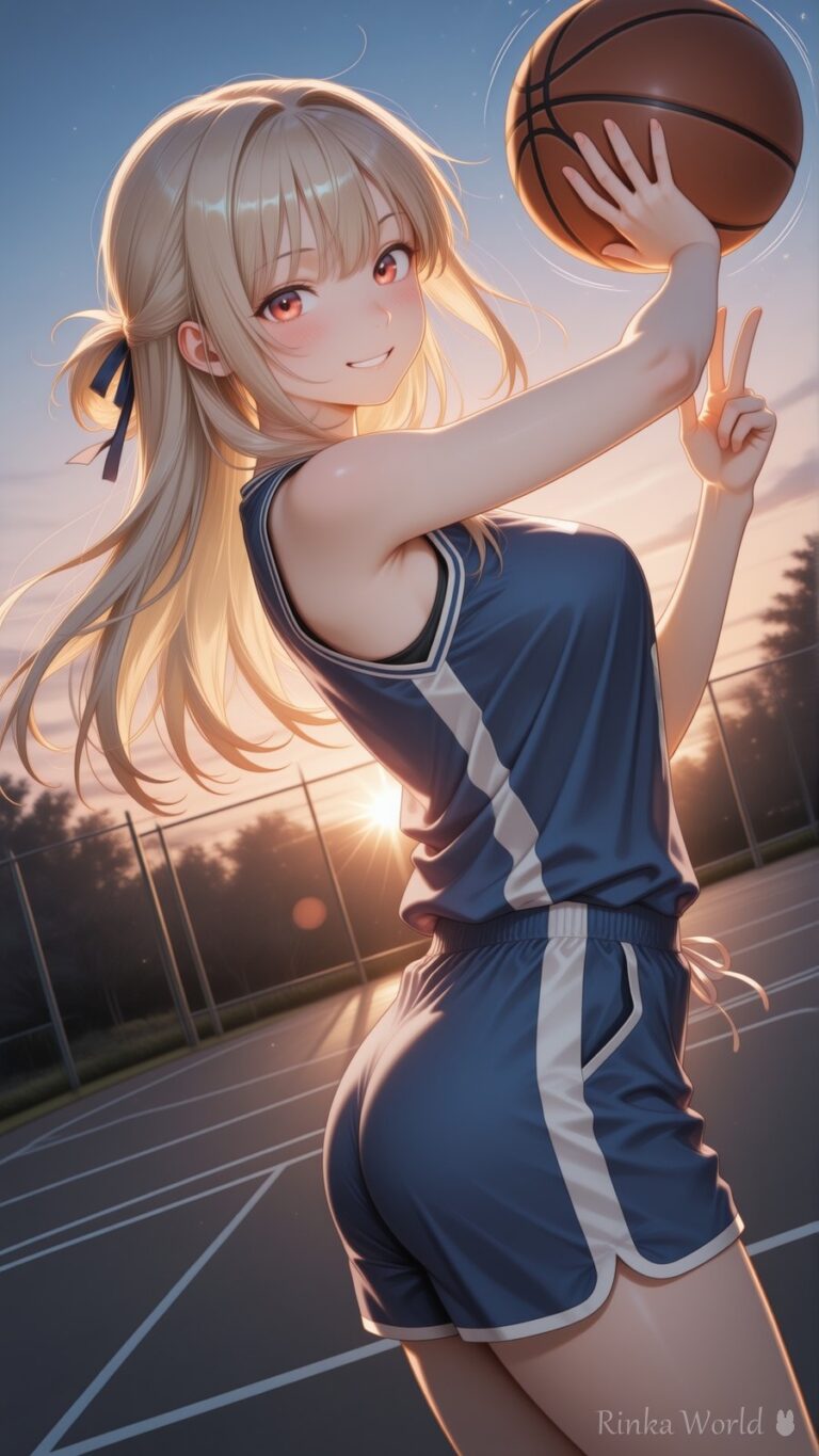 anime girl basketball jersey sunset court peace sign aesthetic illustration