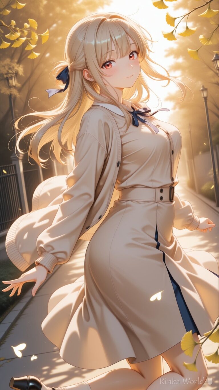 cute anime girl in a beige coat dress walking under golden autumn ginkgo leaves, sunset lighting, aesthetic anime wallpaper