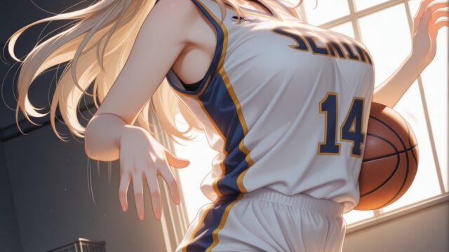 日差しのゴール下で弾むバスケジャージの女の子のAIイラスト｜Sunlit Hoop-Side Anime Art