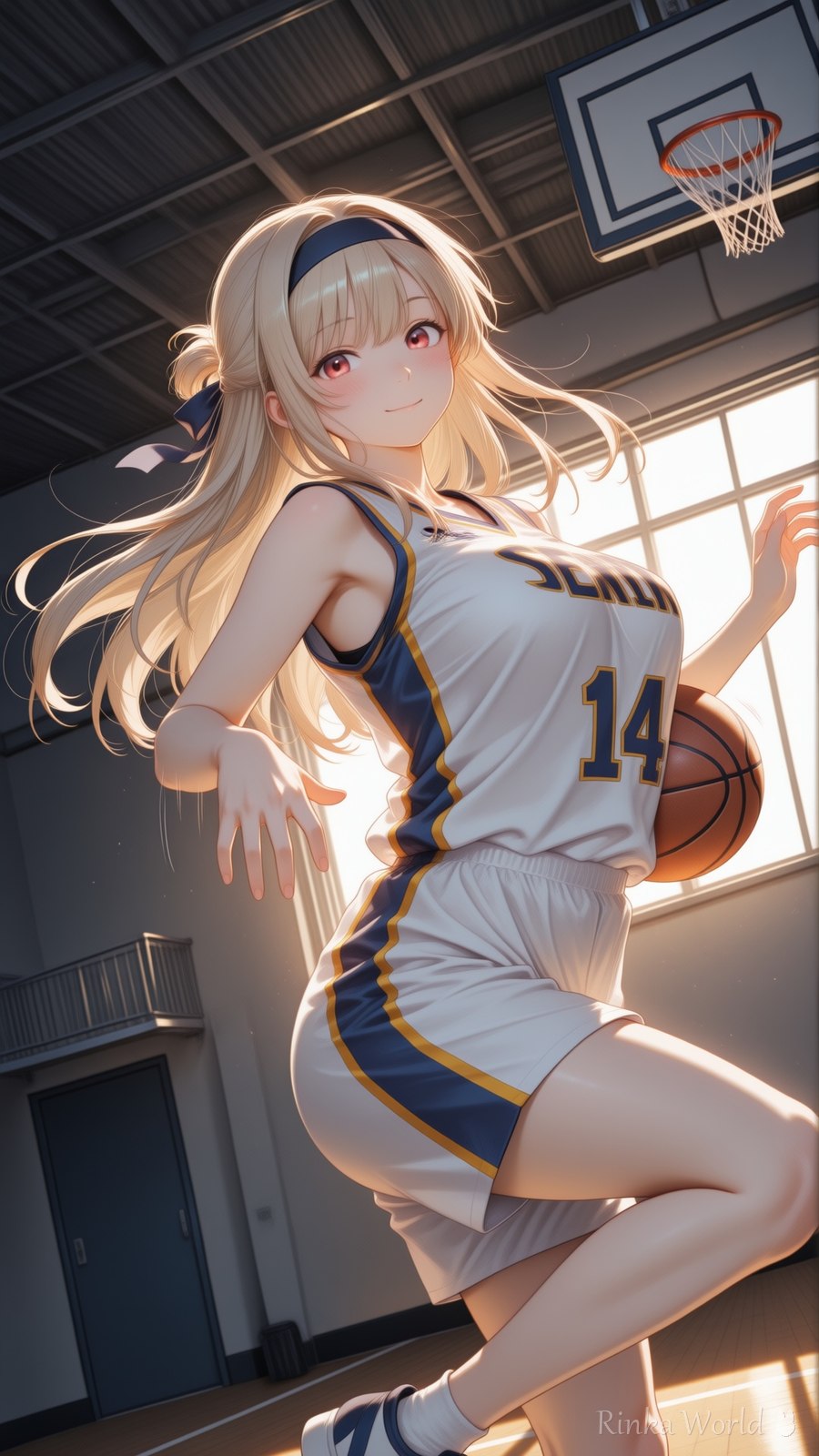 日差しのゴール下で弾むバスケジャージの女の子のAIイラスト|Sunlit Hoop-Side Anime Art