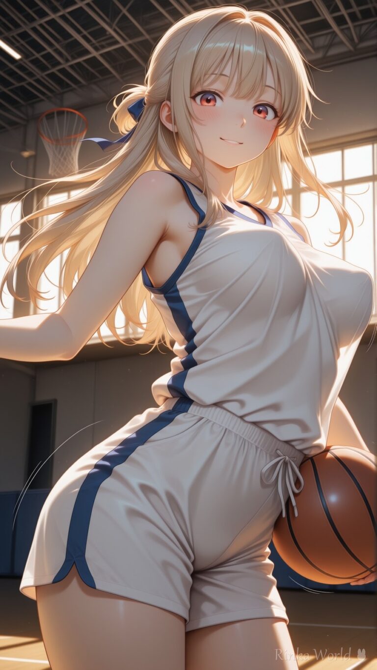 anime girl in basketball uniform holding a ball in a sunlit gymnasium, cute sporty anime art