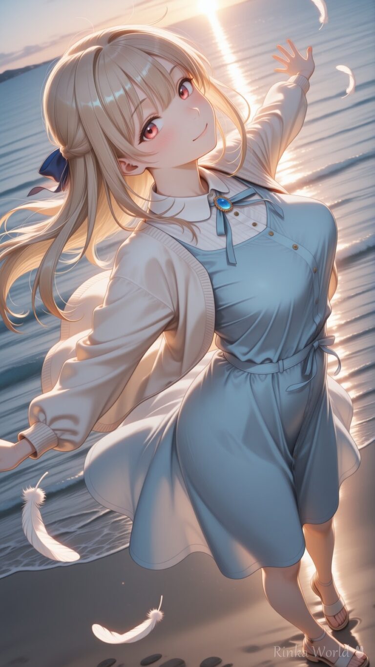 anime girl in white dress chasing feathers on sunlit beach shoreline, dreamy anime art wallpaper