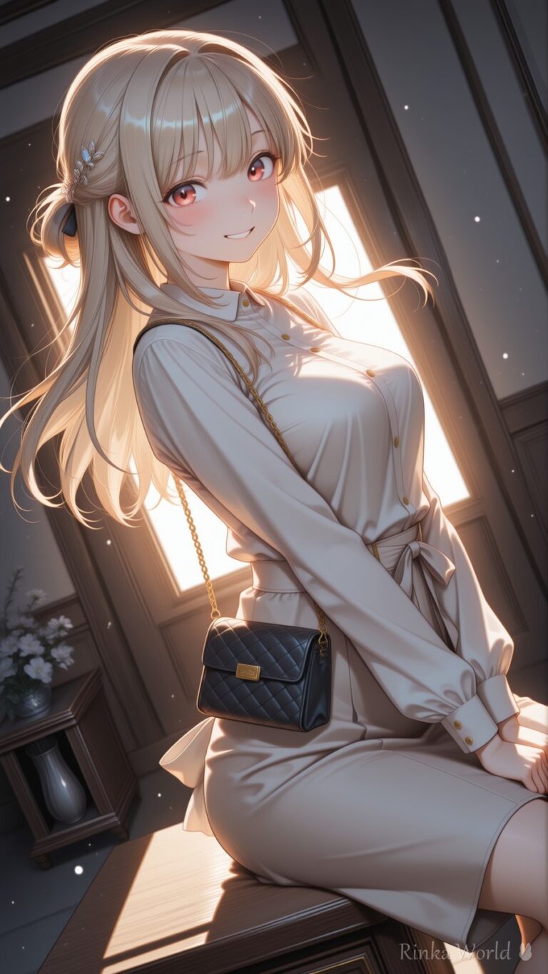 cute anime girl in beige shirt dress sitting by glowing window, soft snowfall at night, cozy aesthetic anime art