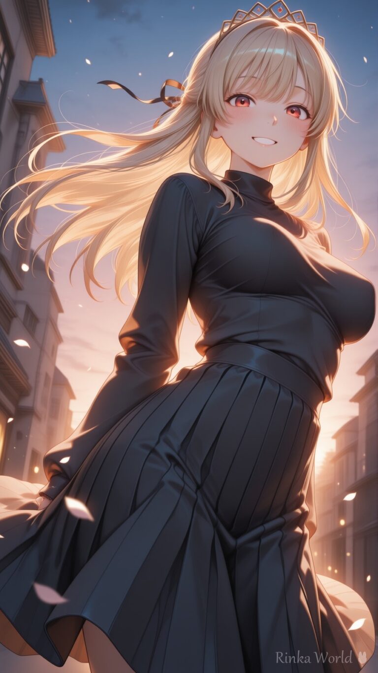 anime girl in black knit dress and tiara walking through golden dusk city street with falling petals, aesthetic anime art