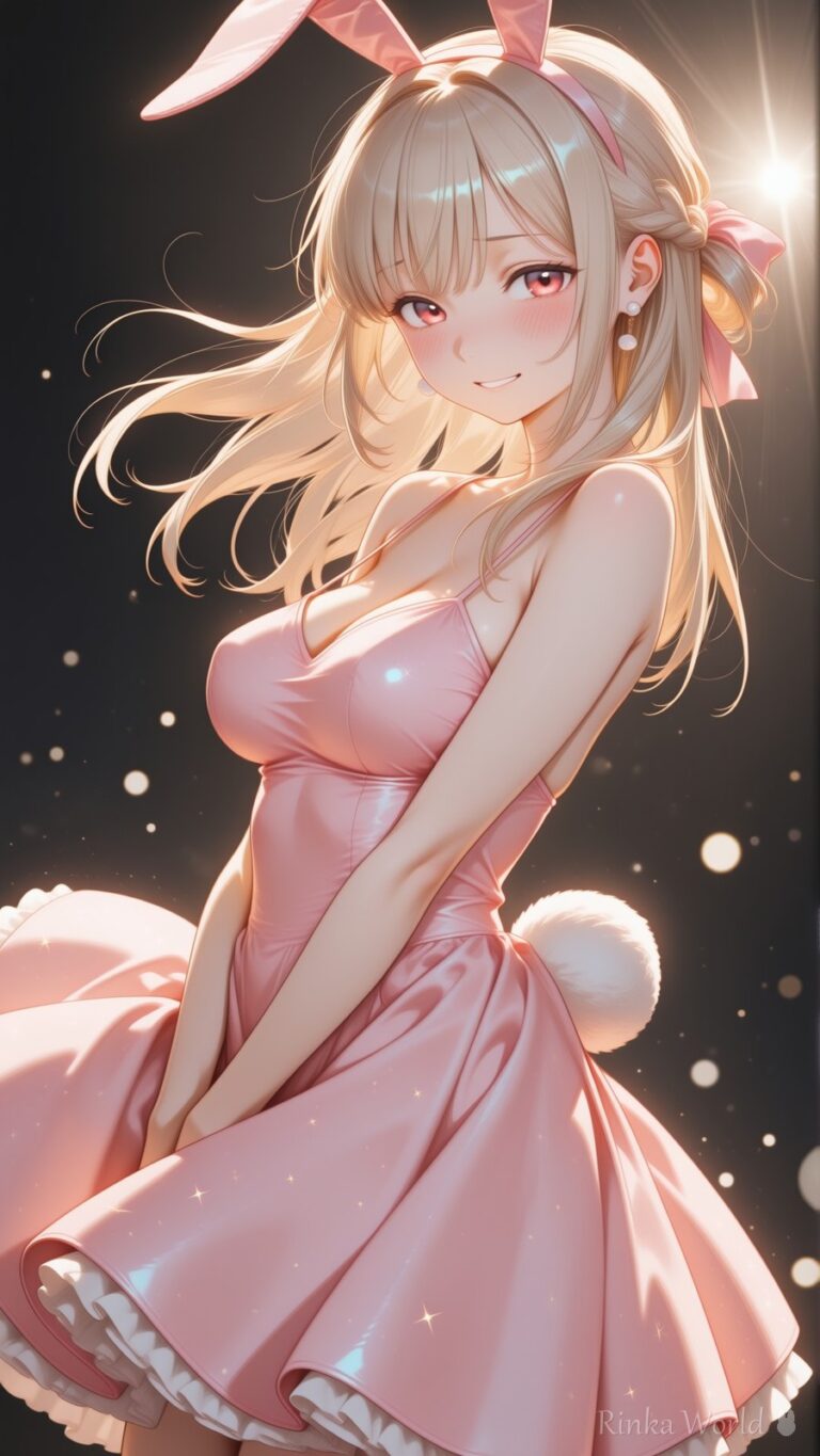 cute anime girl in bunny ears and pink ruffled dress, sparkling night background, dreamy aesthetic illustration