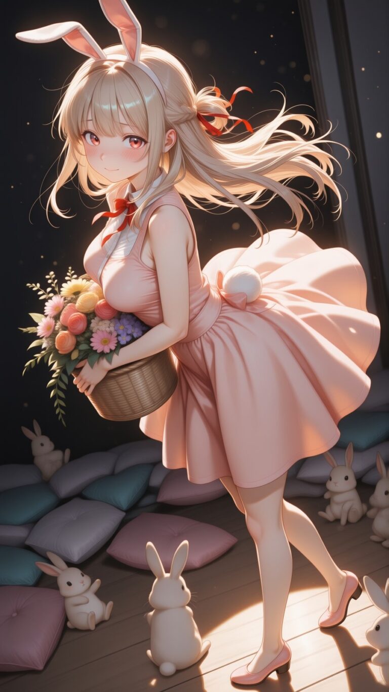 anime girl with bunny ears in pink dress holding flower basket, warm indoor lighting, aesthetic anime wallpaper