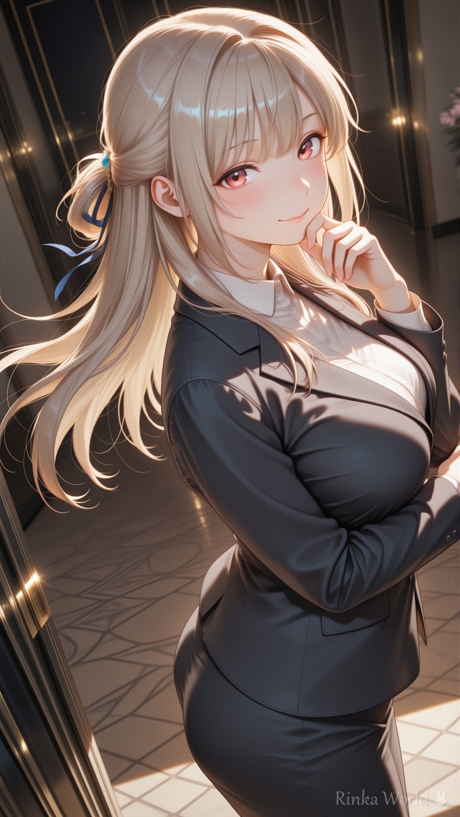 elegant anime girl in a black business suit smiling softly in a golden hotel lobby, warm lighting, aesthetic anime art
