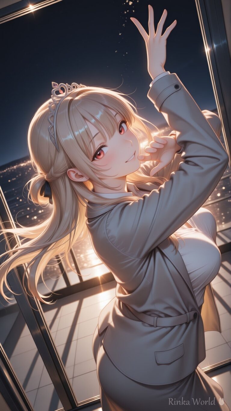 anime girl in oversized suit jacket with tiara, night city skyline background, glittering lights, dreamy anime art wallpaper