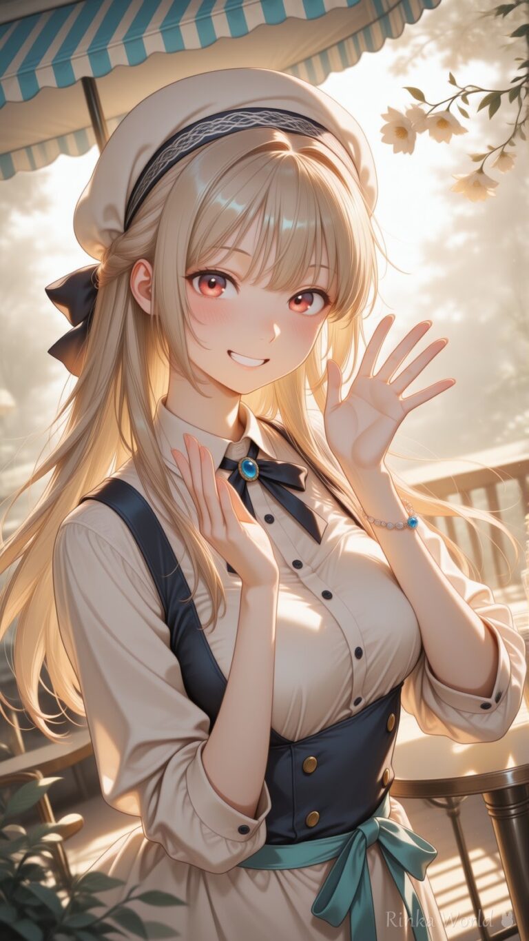 cute anime girl in a beret and apron waving on a sunny cafe terrace, warm backlighting, dreamy anime illustration