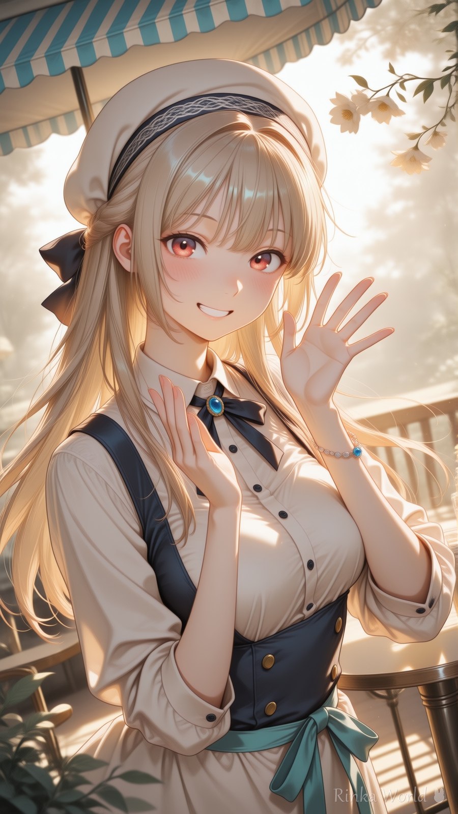 cute anime girl in a beret and apron waving on a sunny cafe terrace, warm backlighting, dreamy anime illustration