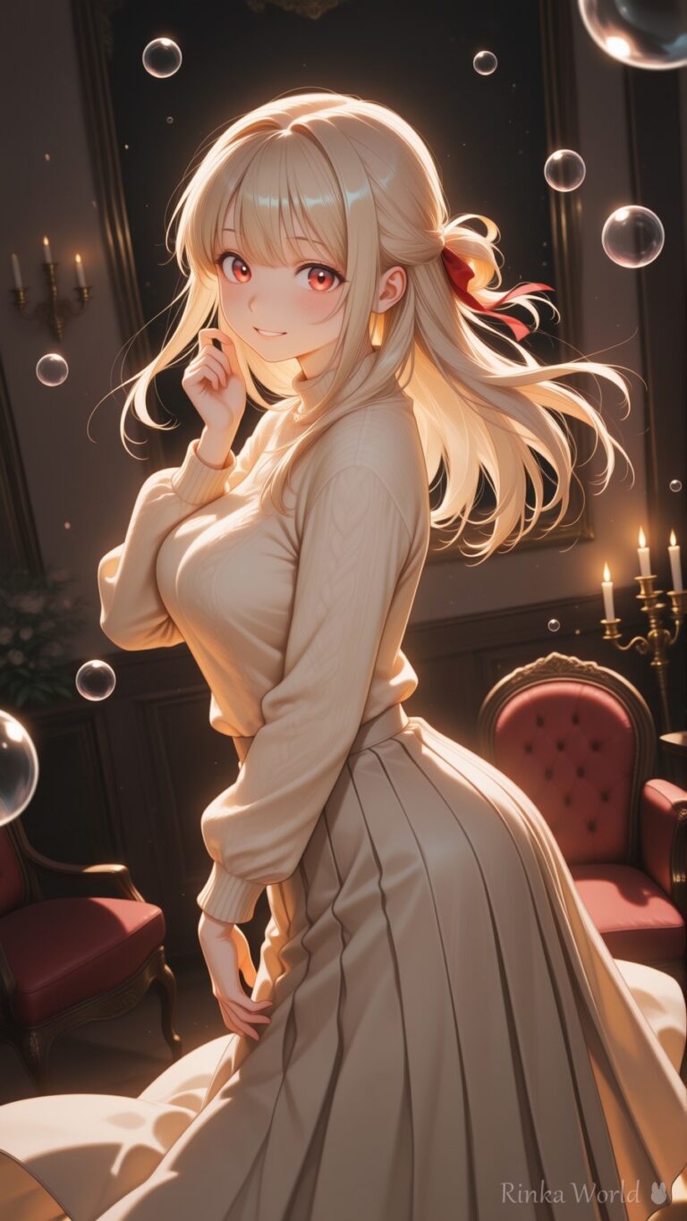 cute anime girl in ivory knit sweater glancing back in candlelit velvet parlor, warm lighting, dreamy anime aesthetic