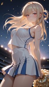 blonde anime cheerleader girl at night stadium, gold confetti, soft backlight, dreamy anime art wallpaper