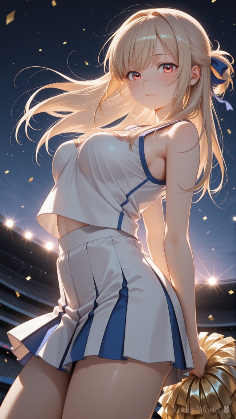 blonde anime cheerleader girl at night stadium, gold confetti, soft backlight, dreamy anime art wallpaper