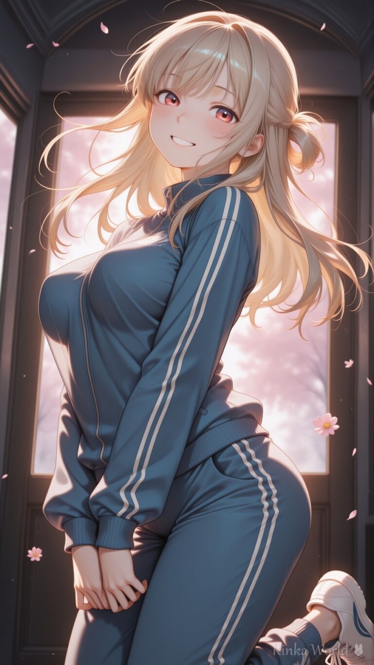 cute anime girl in navy tracksuit smiling by a sunlit window with cherry blossom petals falling, dreamy aesthetic illustration
