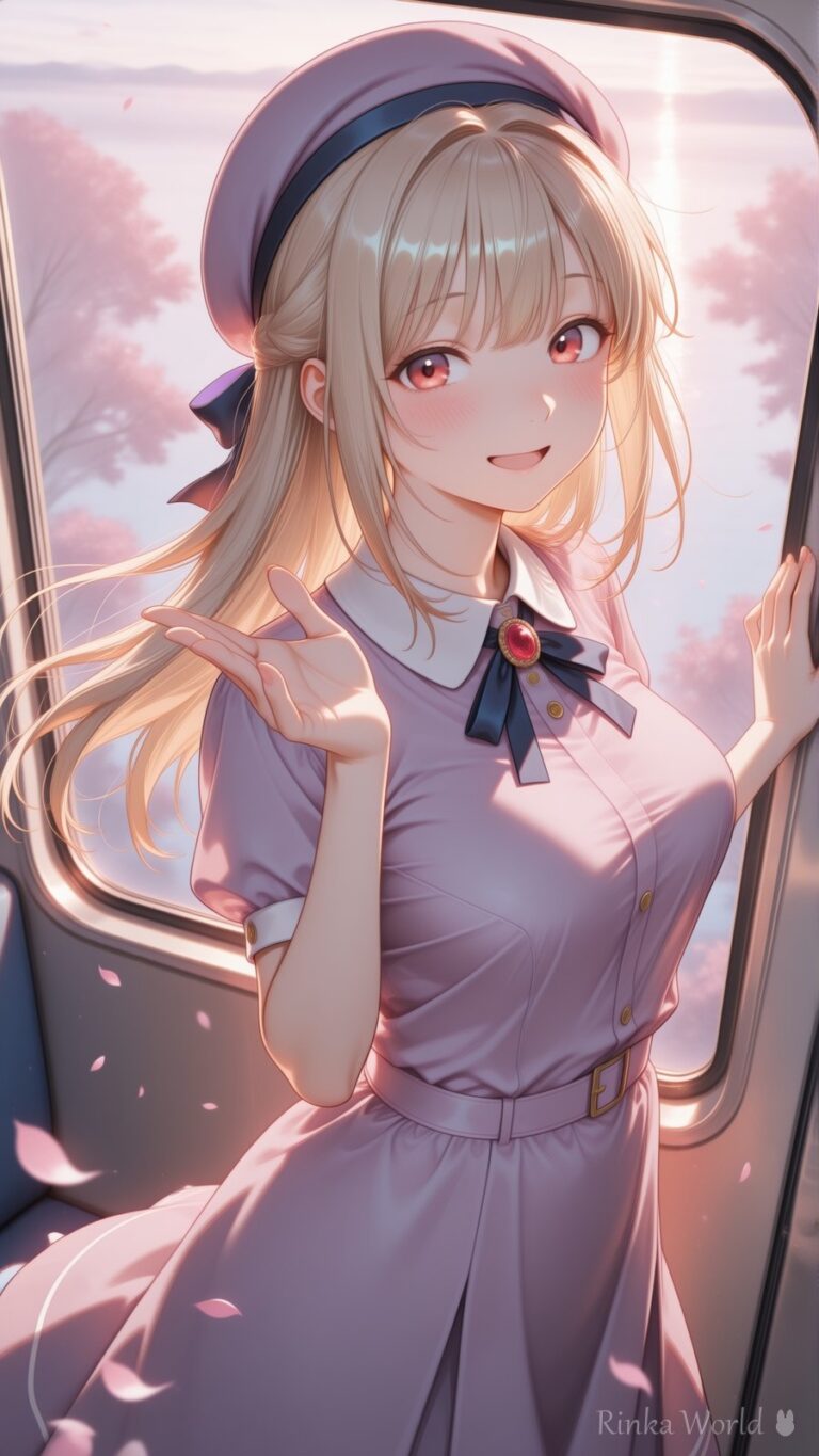anime girl in beret and lavender dress by train window, cherry blossom petals, soft pink lighting, dreamy aesthetic anime art