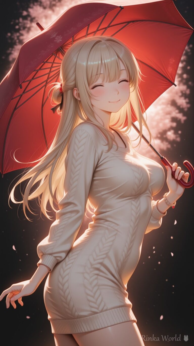 anime girl holding red umbrella under cherry blossoms at night, soft warm lighting, dreamy anime wallpaper
