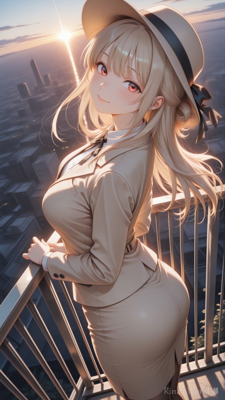 cute anime girl in a beige suit and hat on a city rooftop at sunset, golden lighting, aesthetic anime illustration