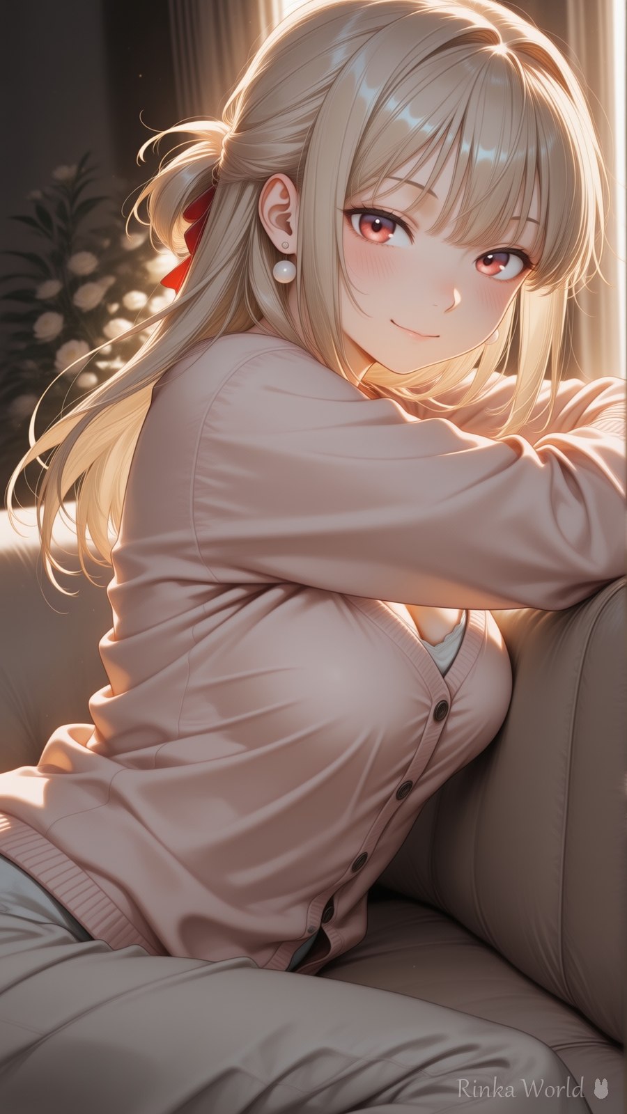 cute anime girl in beige knit cardigan sitting on a couch, soft window light, cozy aesthetic anime illustration