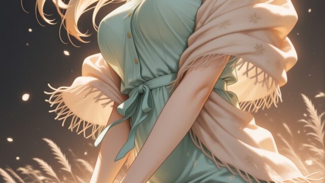 蛍舞う夏の夜の草原でラップドレスを着た女の子のAIイラスト｜Firefly Meadow Anime Art