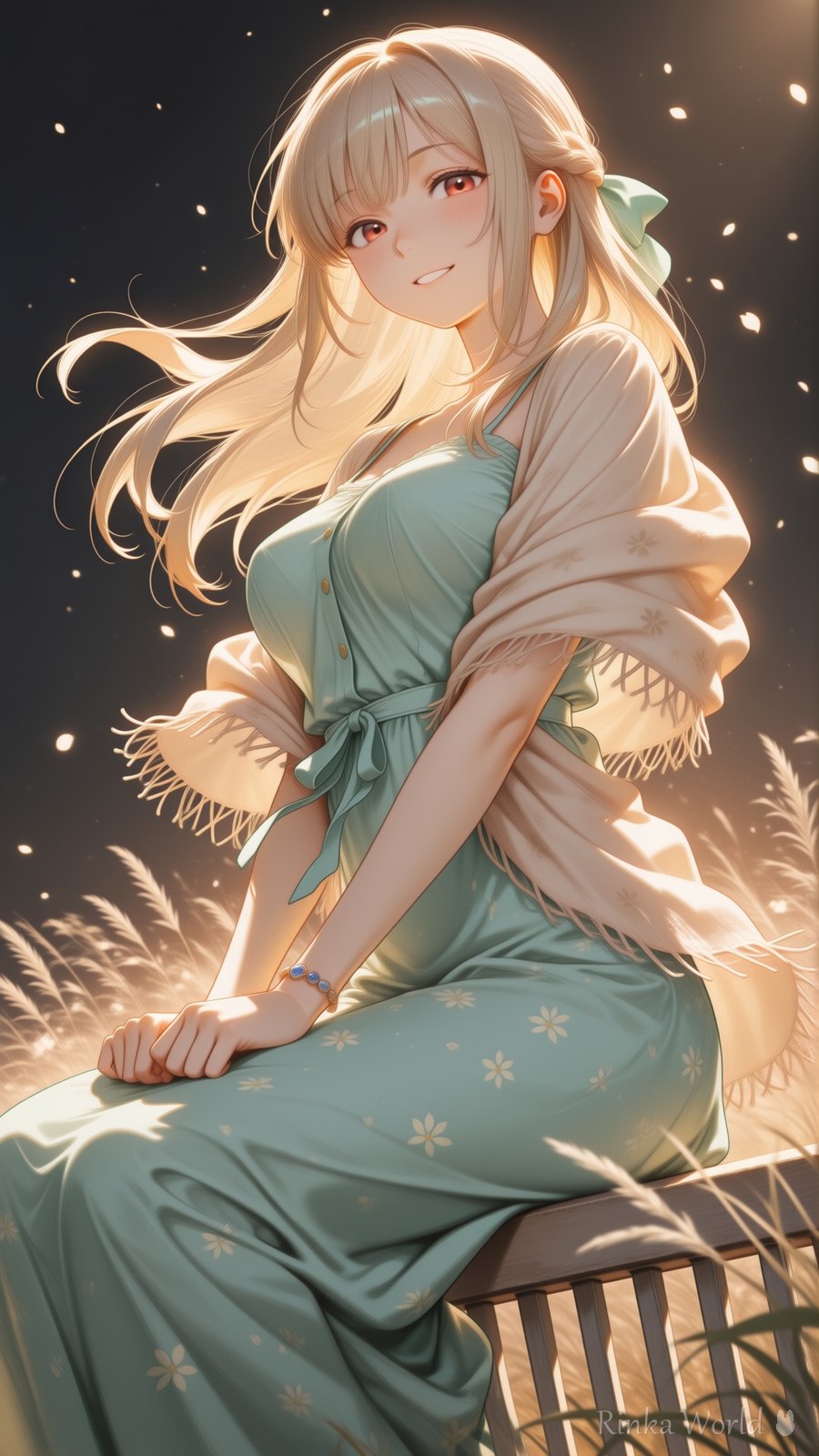 夜の草原で微笑む花柄ワンピースの女の子 - anime girl in a floral wrap dress sitting in a glowing meadow at night, fireflies, warm dreamy anime art
