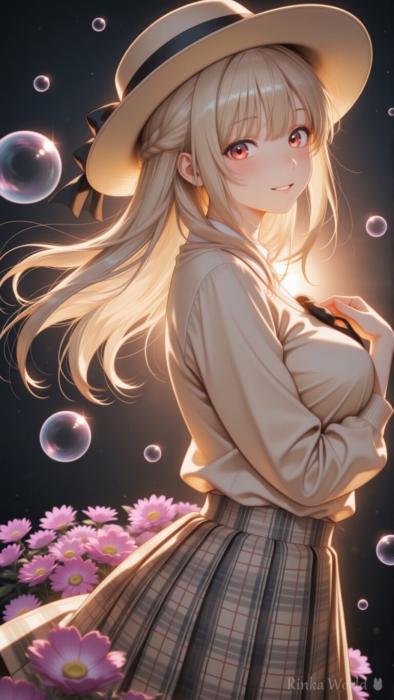 cute anime girl in a straw hat with floating bubbles and pink flowers, dreamy anime art wallpaper