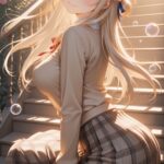 🌷 陽だまりの階段で　花冠ニットスカートのAIイラスト｜Sunlit Staircase Flower Crown Anime…