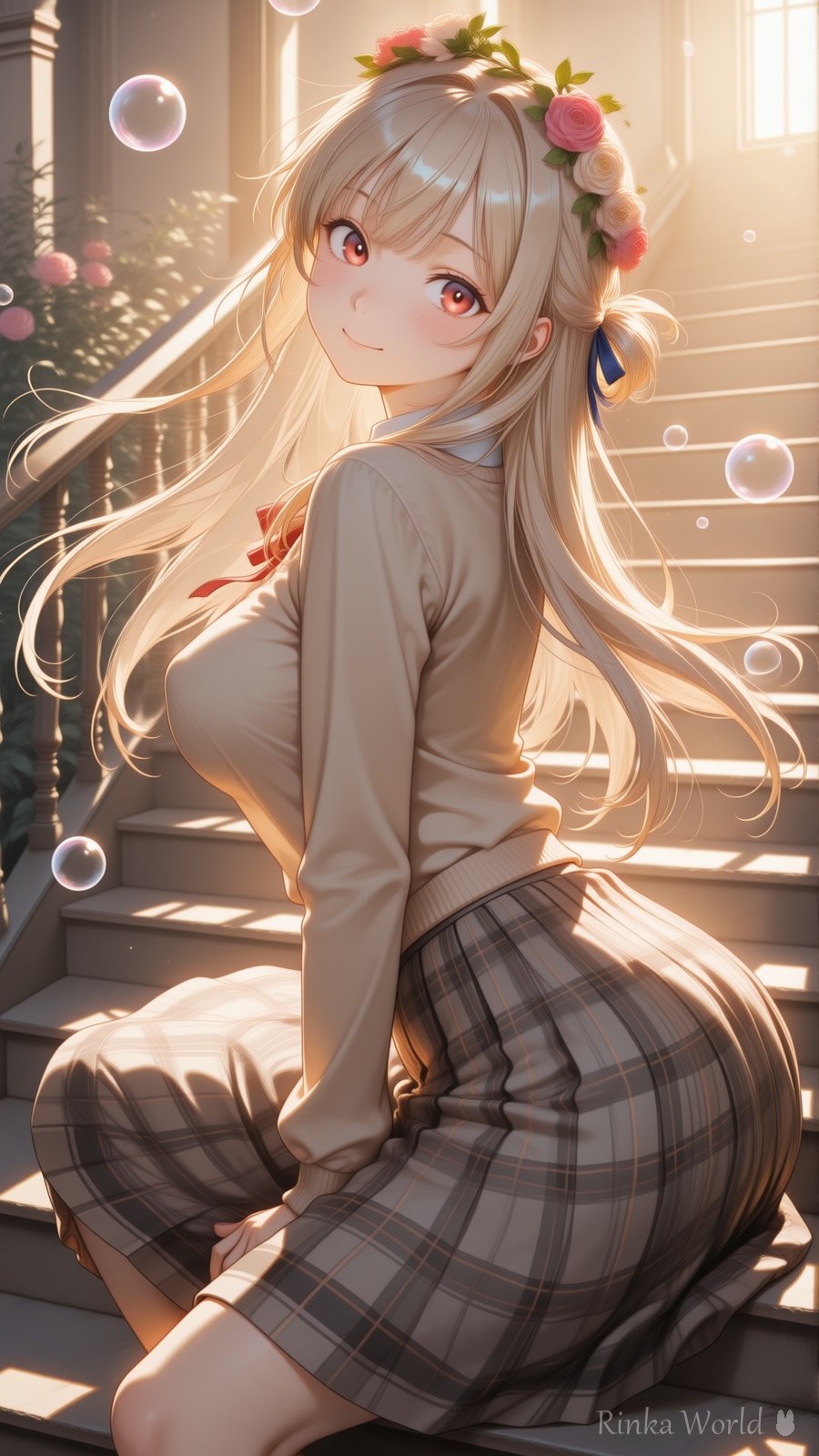 cute anime girl with flower crown and knit sweater sitting on a sunlit staircase, dreamy aesthetic illustration