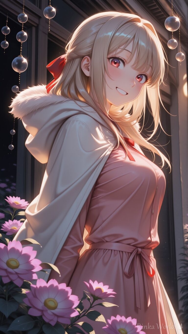 anime girl in white fur-trimmed cape by a flower-filled window at night, warm soft lighting, dreamy anime wallpaper aesthetic