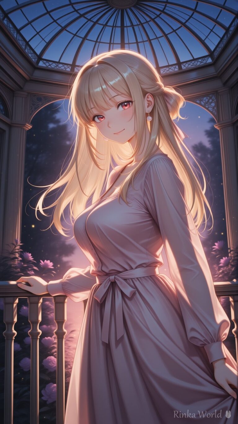 blonde anime girl in a pink wrap dress under a twilight glass dome conservatory, soft lighting, dreamy anime aesthetic illustration