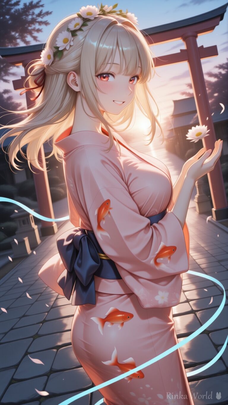 anime girl in goldfish print yukata standing by torii gate at sunset, glowing light trail, dreamy japanese aesthetic anime art
