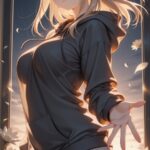 🌸 花びら舞う夜に　黒パーカー部屋着のAIイラスト｜Golden Backlight Hoodie Girl Anime Art