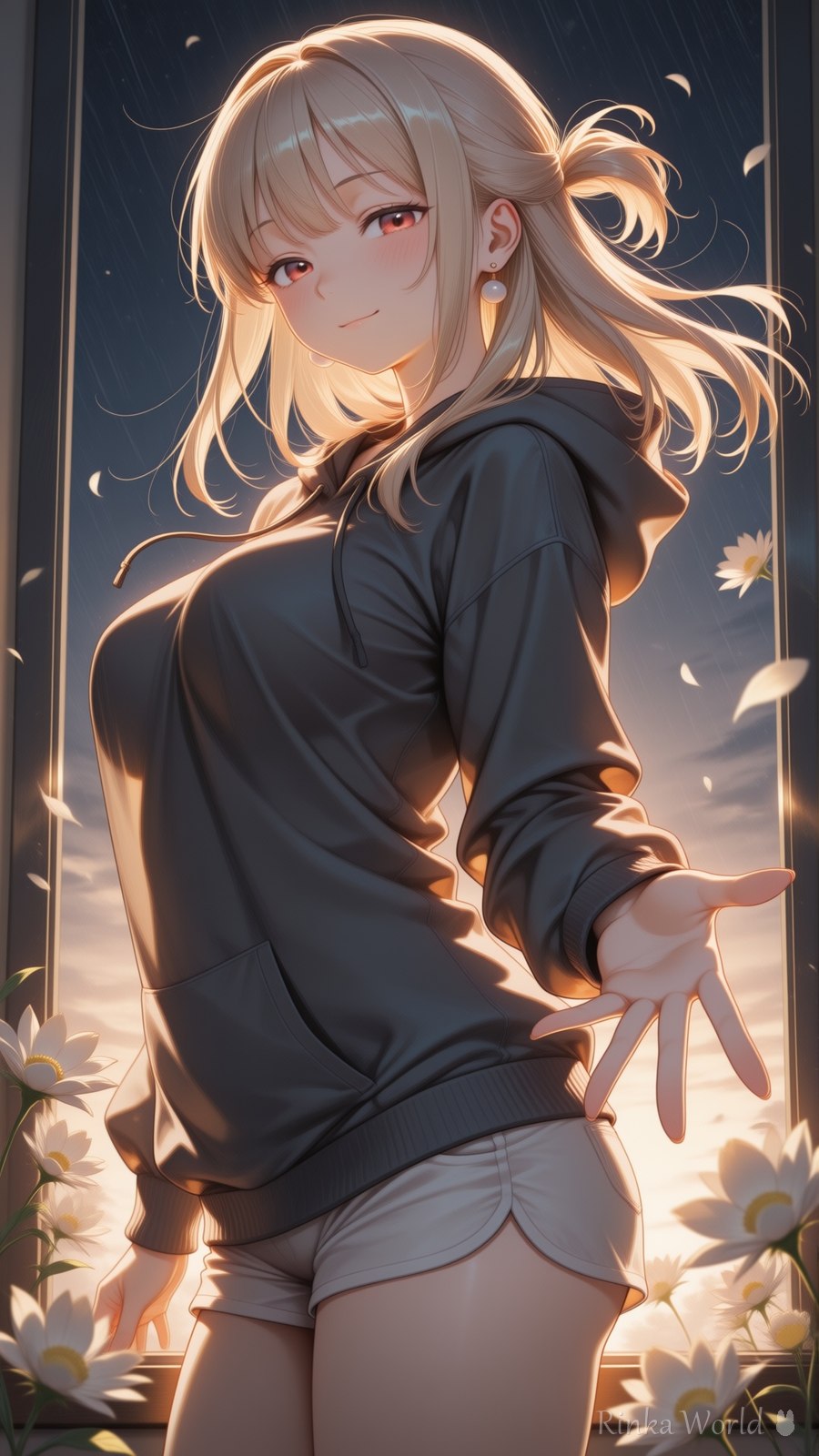 anime girl in oversized black hoodie reaching toward golden backlight, white flowers and floating petals, dreamy night aesthetic anime art