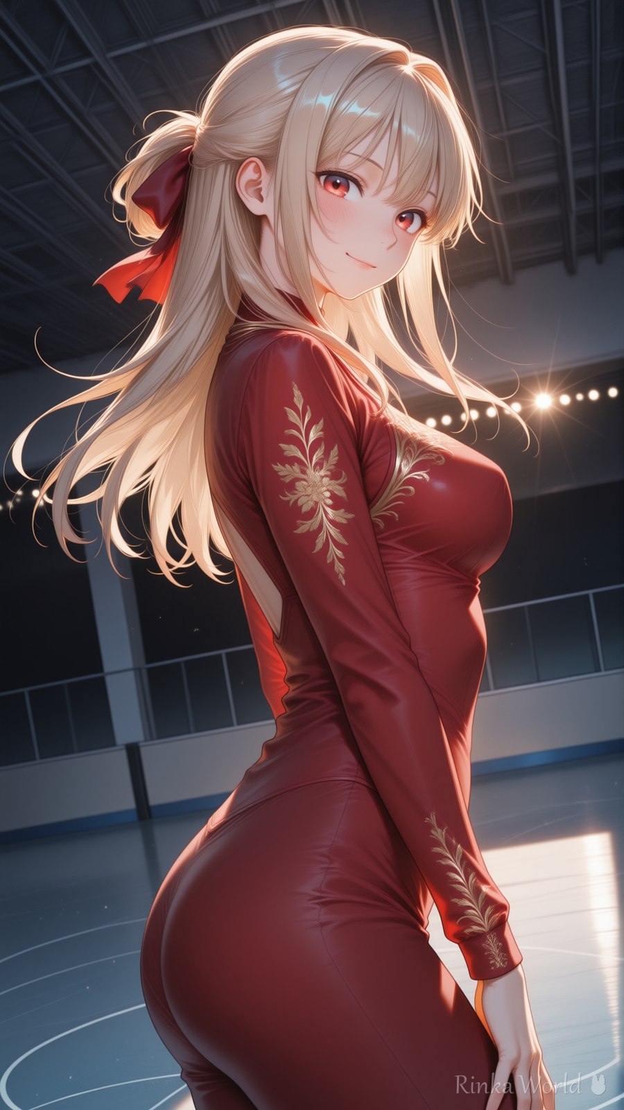 blonde anime girl in a red long-sleeve snowflake dress looking back on an ice rink, warm string lights, aesthetic anime illustration