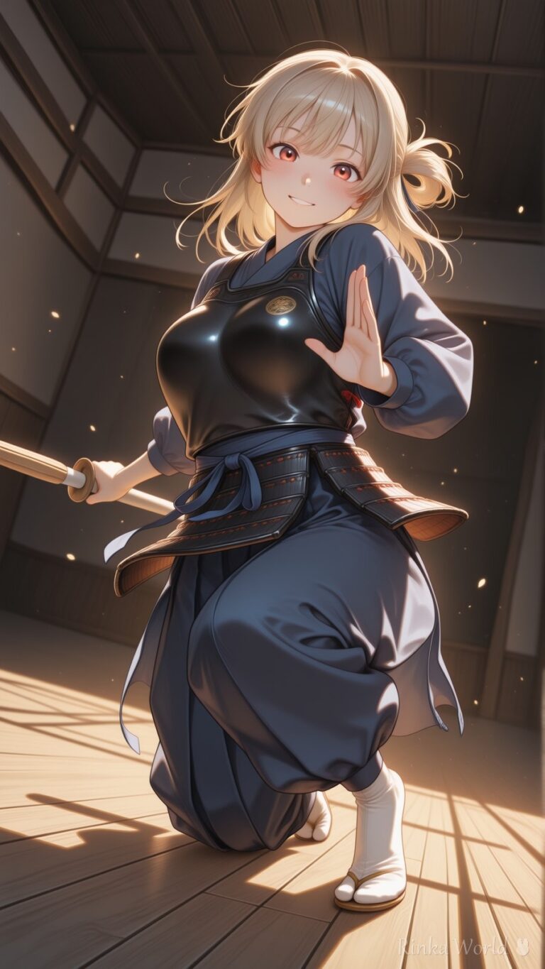 anime girl in kendo uniform holding a bamboo sword in a sunlit dojo, aesthetic anime wallpaper art