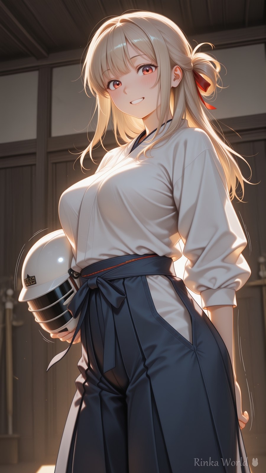 anime girl in navy hakama holding kendo helmet in a dim wooden dojo, warm lighting, aesthetic anime art