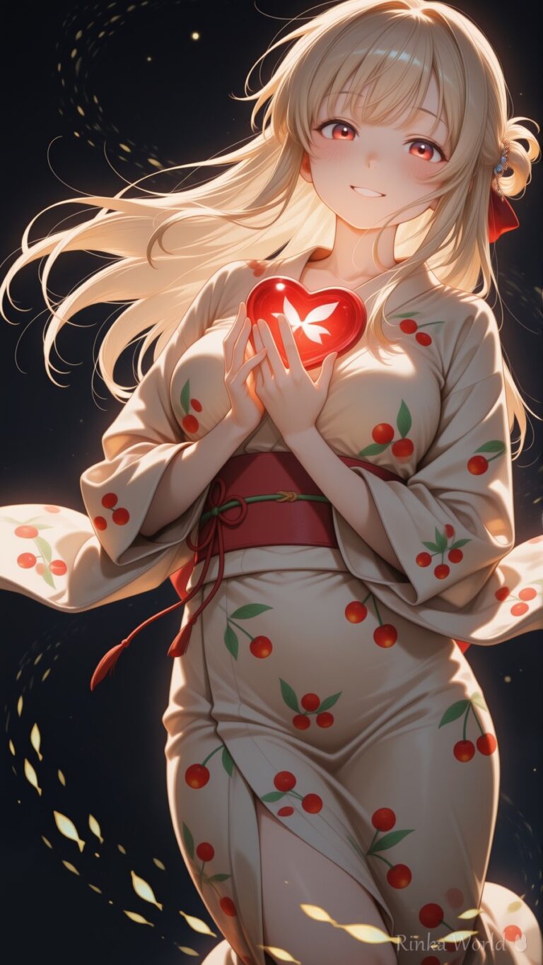 anime girl in cherry print kimono holding glowing heart, starry night background, dreamy anime art wallpaper