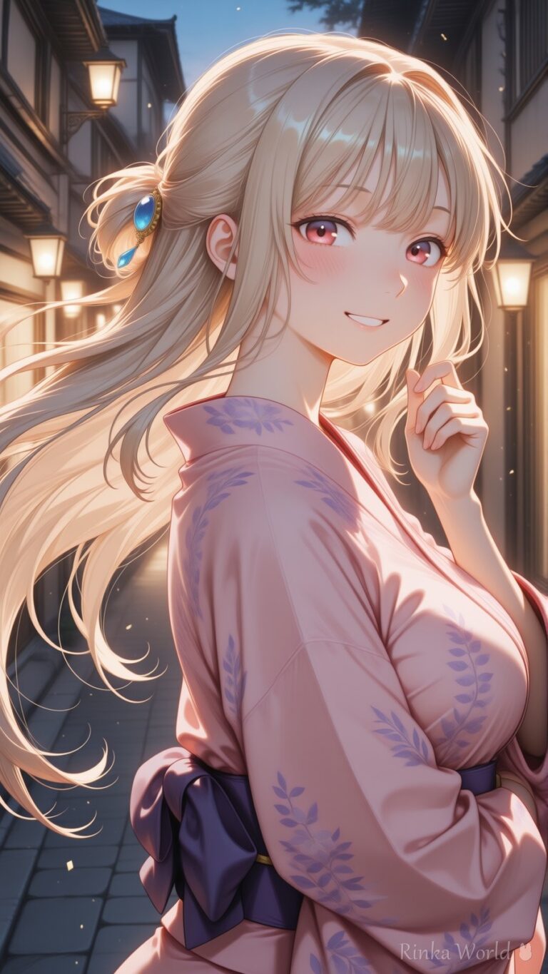 anime girl in pink kimono smiling on lantern-lit old town street at night, dreamy aesthetic illustration