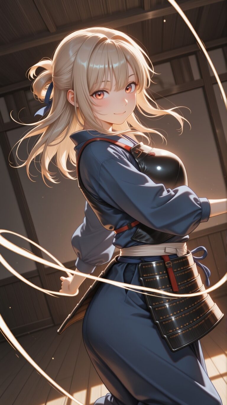 blonde anime girl in hakama glancing back in a traditional japanese dojo, soft lighting, anime art wallpaper