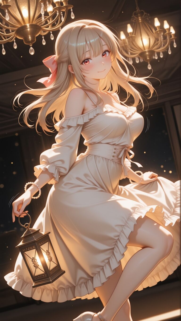 anime girl in a vintage off-shoulder dress holding a lantern under chandeliers, warm night aesthetic wallpaper