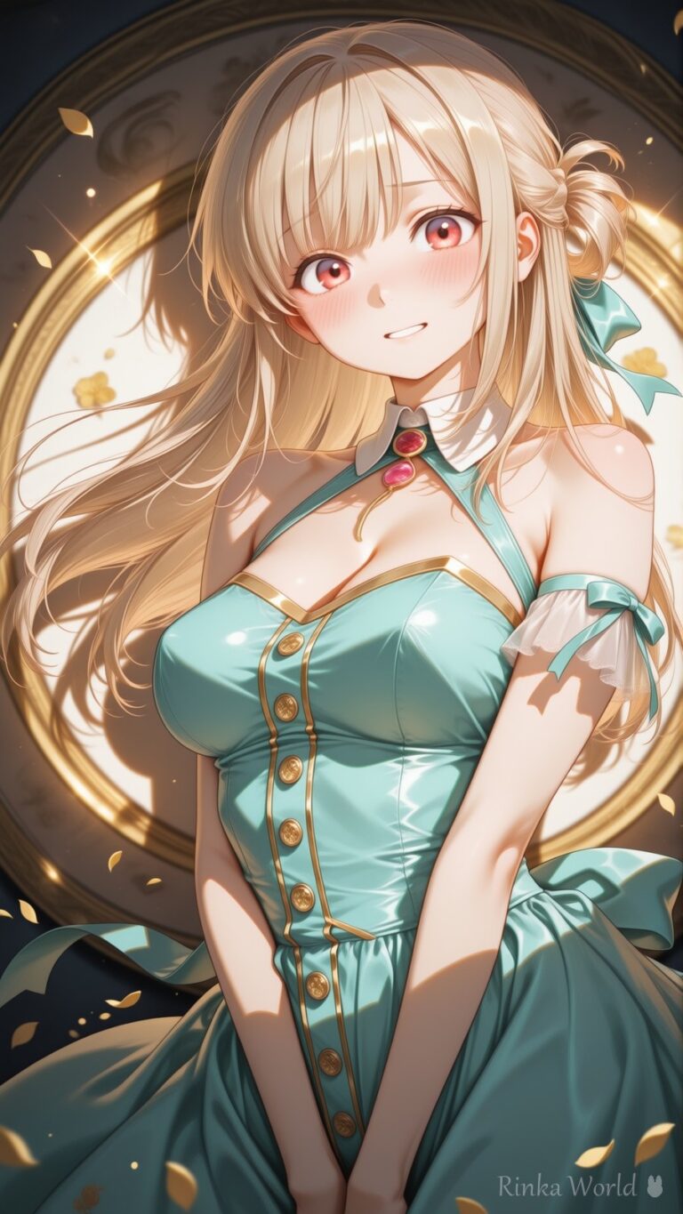 anime girl in mint green corset dress before glowing golden emblem, warm dreamy anime art