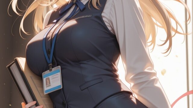 社員証をさげたOLスーツ姿のAIイラスト｜Office Lady in Suit Anime Art with ID Badge