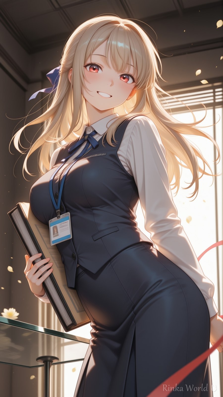社員証を提げたOLスーツ姿のAIイラスト - anime girl office lady in navy suit holding a binder, golden window light, aesthetic anime illustration