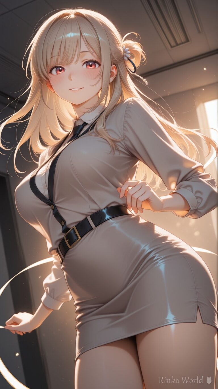 cute anime girl in a fitted tie dress standing in a backlit office hallway, warm aesthetic illustration