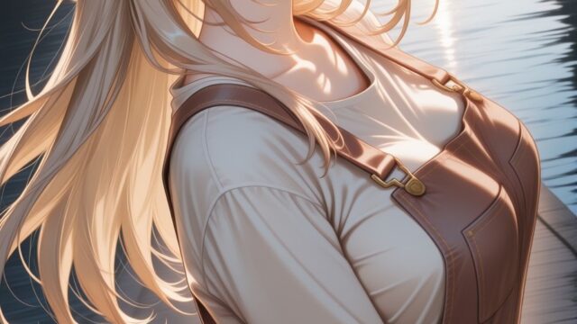 黄昏の運河沿いをゆくオーバーオールの女の子のAIイラスト｜Golden Hour Canalside Anime Art