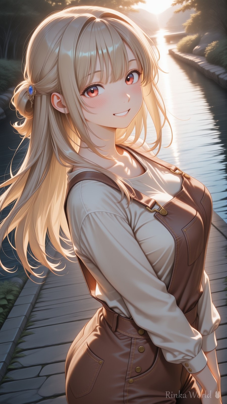 黄昏の運河沿いをゆくオーバーオールの女の子のAIイラスト|Golden Hour Canalside Anime Art
