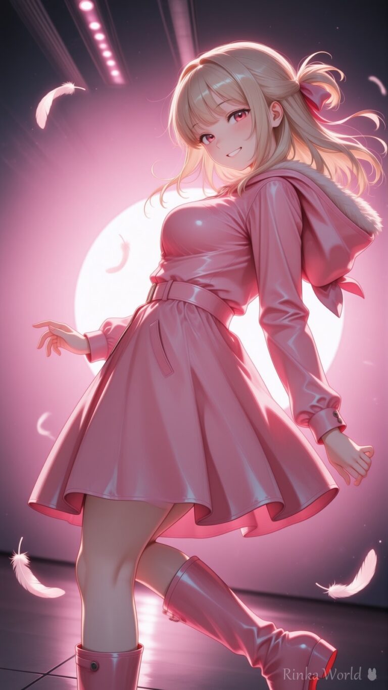 anime girl in a glossy pink dress with feathers falling, glowing pink light background, dreamy aesthetic illustration