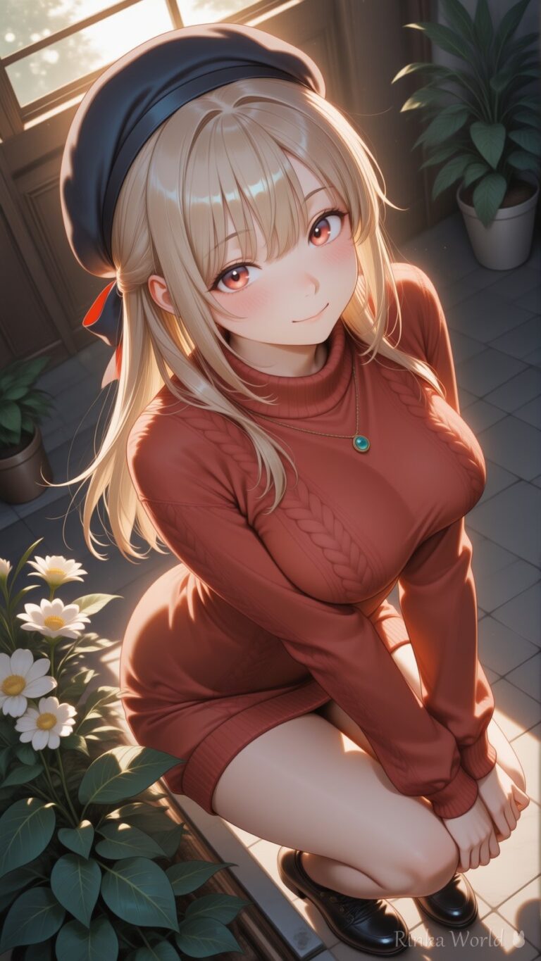 anime girl in red knit sweater dress and beret sitting in a sunlit garden, cozy aesthetic illustration