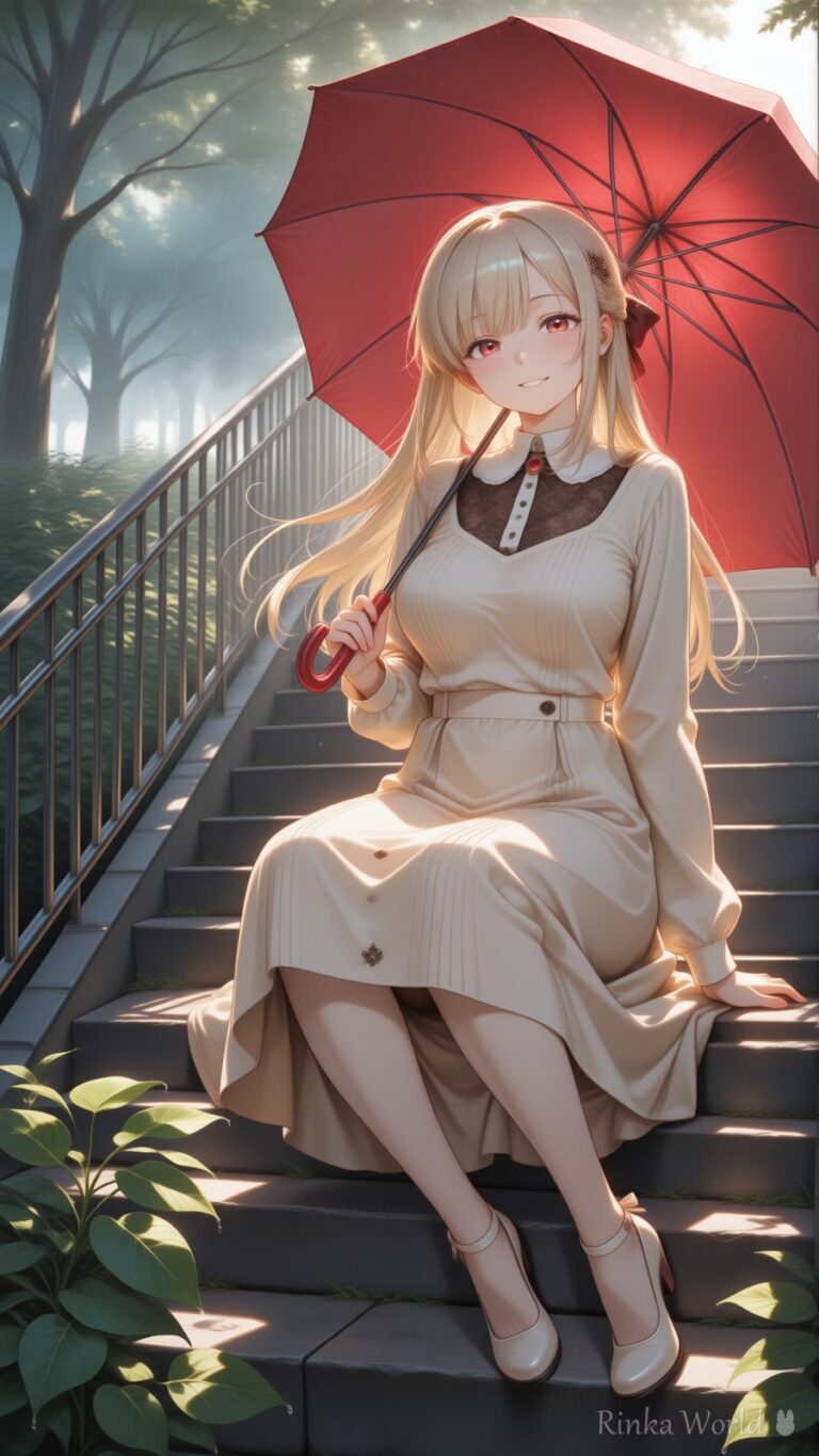 anime girl in cream knit dress holding red umbrella on misty stone stairs, soft foggy forest background, dreamy anime illustration