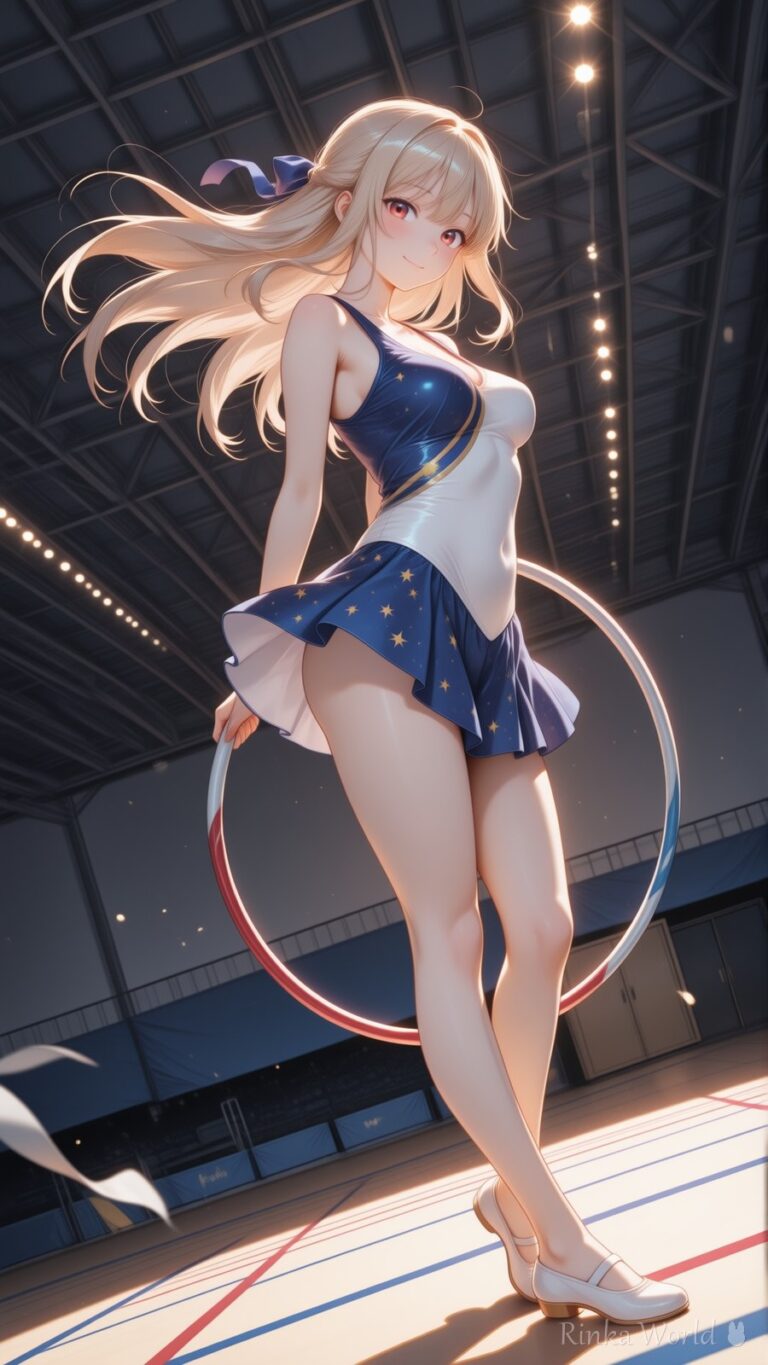 anime girl in navy gymnastics leotard holding a hoop, dim arena lighting, dreamy sporty aesthetic illustration