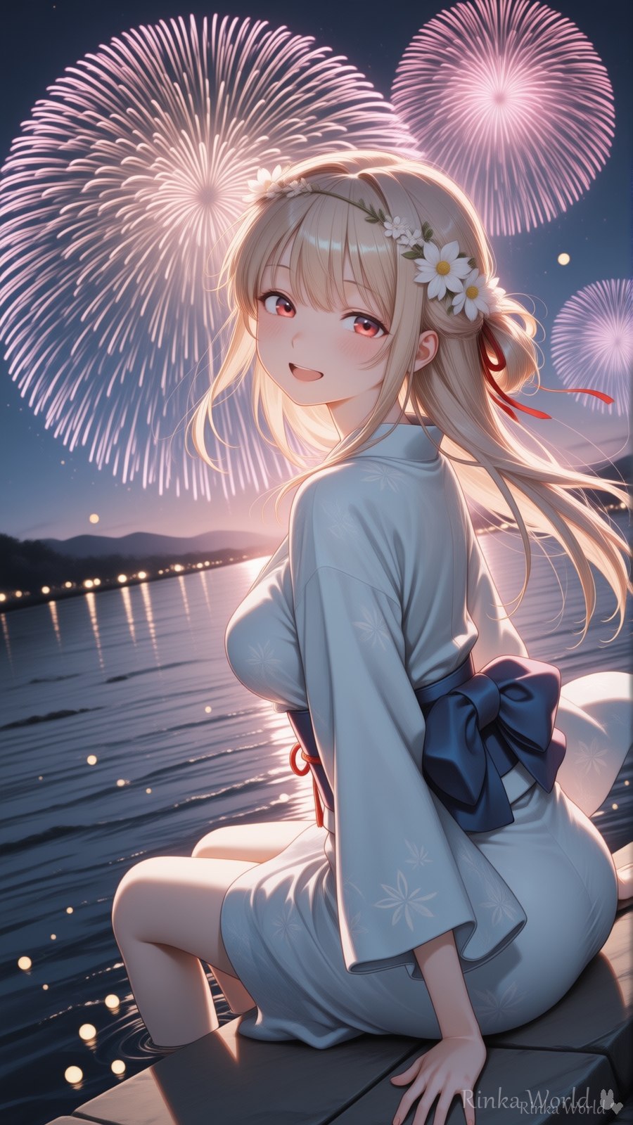 浴衣で花火見てる、綺麗だね🎆